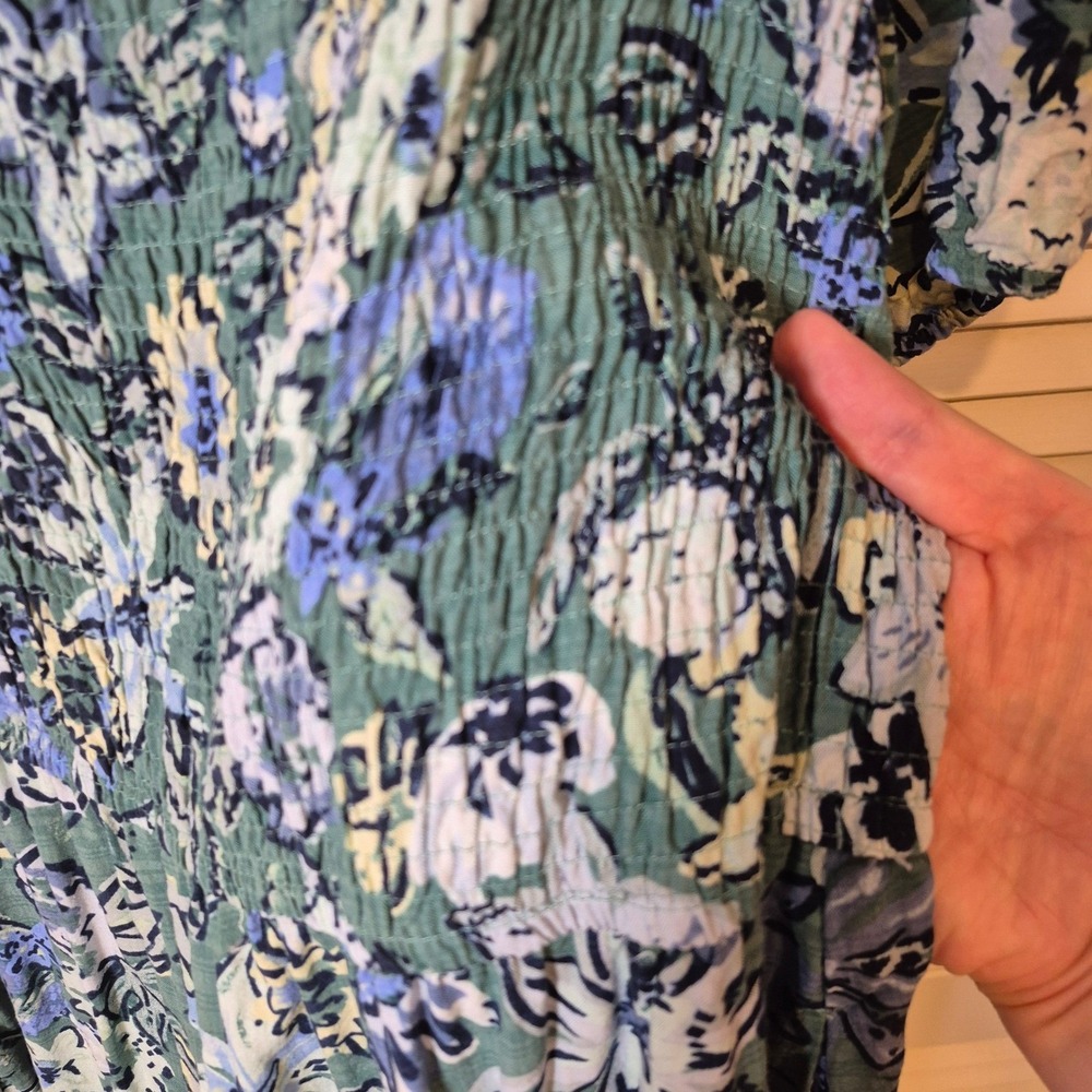 Sonoma Midi Dress XXL Green Floral Smocked Beachy Tropical Vacation Square Neck - Picture 5 of 8